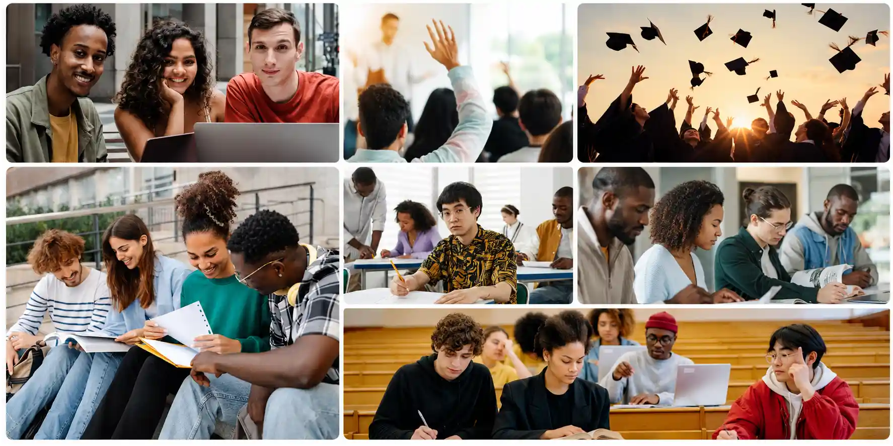 Mosaïque d’étudiants en formation travaillant en groupe, en classe et célébrant leur réussite
