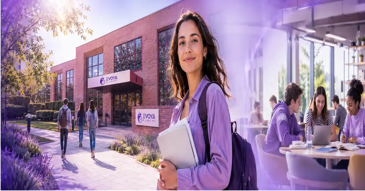 Étudiante en formation initiale chez Evoya Academy devant le bâtiment de l’école, dans un environnement d’apprentissage et de vie étudiante.