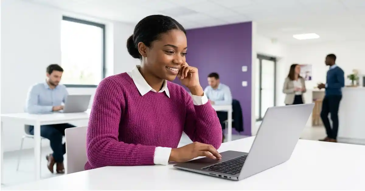 Étudiante en entreprise à son bureau dans le cadre de sa formation en alternance chez Evoya Academy