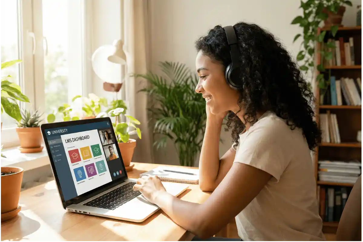 Étudiante suivant une formation en ligne, formation à distance, formation e-learning sur ordinateur portable